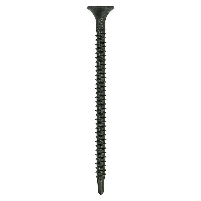 Knauf Schnellbauschraube TB35 - Durchmesser: 3,5 mm, Länge: 55 mm, 500 Stk. - Detailaufnahme einer einzelnen, großen, schwarzen Schraube mit breitem Kopf und scharfen Gewindegängen vor schwarzem Hintergrund.