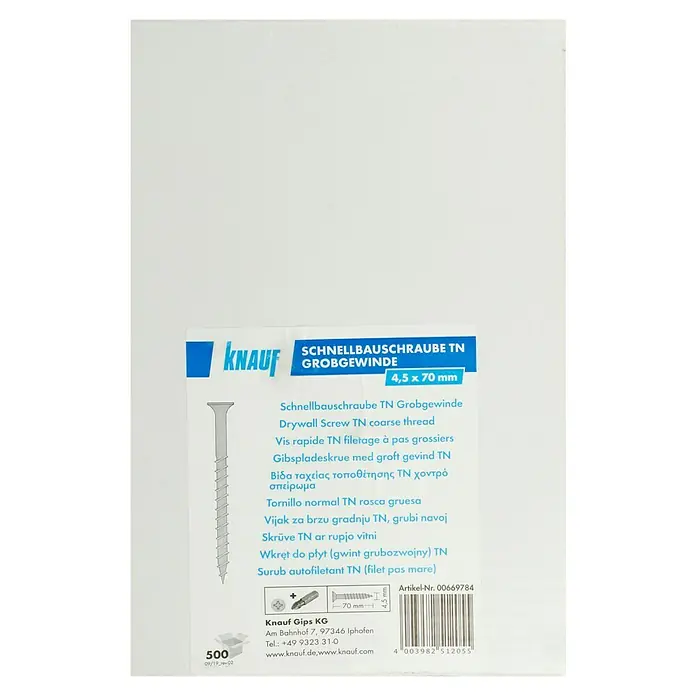 Knauf Schnellbauschraube TN 70 - Durchmesser: 4,5 mm, Länge: 70 mm, 500 Stk. - Packung Schnellbauschrauben TN Grobgewinde 4,5 x 70 mm von Knauf für Trockenbauarbeiten mit Grobgewinde für schnelle und sichere Montage.