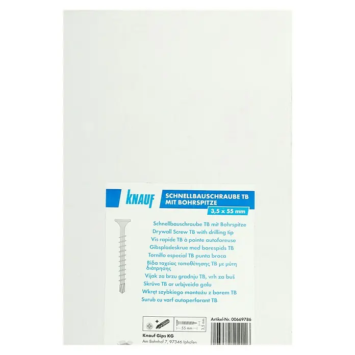 Knauf Schnellbauschraube TB35 - Durchmesser: 3,5 mm, Länge: 55 mm, 500 Stk. - Abbildung einer Packung Knauf Schnellbauschrauben TB mit Bohrspitze, 3,5 x 55 mm, ideal für Trockenbauarbeiten.