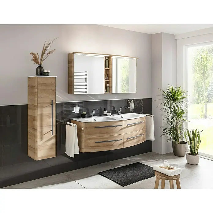Lanzet Classico Midischrank - B x T x H: 31,2 x 32,5 x 121,4 cm, Berg Eiche/Weiß, Farbe Griff: Anthrazit, DIN Anschlag: Links - Modernes Badezimmer mit Waschtischunterschrank in Holzoptik, Spiegelschrank mit Beleuchtung und Handtuchhalter für ein stilvolles Ambiente.
