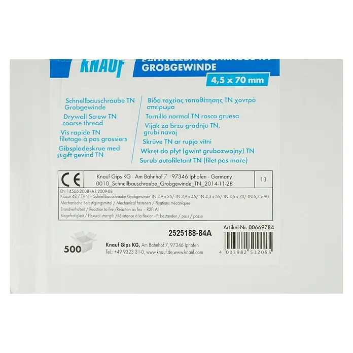 Knauf Schnellbauschraube TN 70 - Durchmesser: 4,5 mm, Länge: 70 mm, 500 Stk. - Detailaufnahme der Produktverpackung von Knauf Schnellbauschrauben TN Grobgewinde, 4,5 x 70 mm.