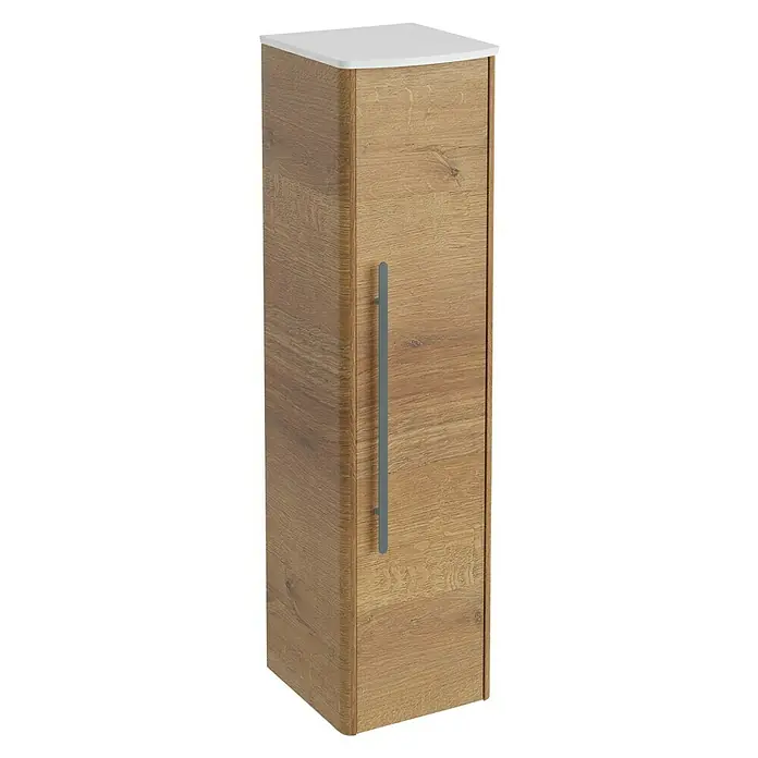 Lanzet Classico Midischrank - B x T x H: 31,2 x 32,5 x 121,4 cm, Berg Eiche/Weiß, Farbe Griff: Anthrazit, DIN Anschlag: Rechts - Ein hochformatiger Holzschrank mit einer langen, schlanken Griffstange und einer weißen Oberseite, ideal für Badezimmer oder andere Räume.