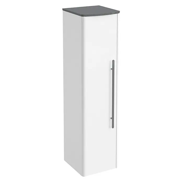 Lanzet Classico Midischrank - B x T x H: 31,2 x 32,5 x 121,4 cm, Weiß/Grau-Metallic, Farbe Griff: Anthrazit, DIN Anschlag: Links - Ein hochformatiger weißer Badezimmerschrank mit einem grauen Oberteil und einem schlanken silbernen Griff. Praktische Stauraumlösung.