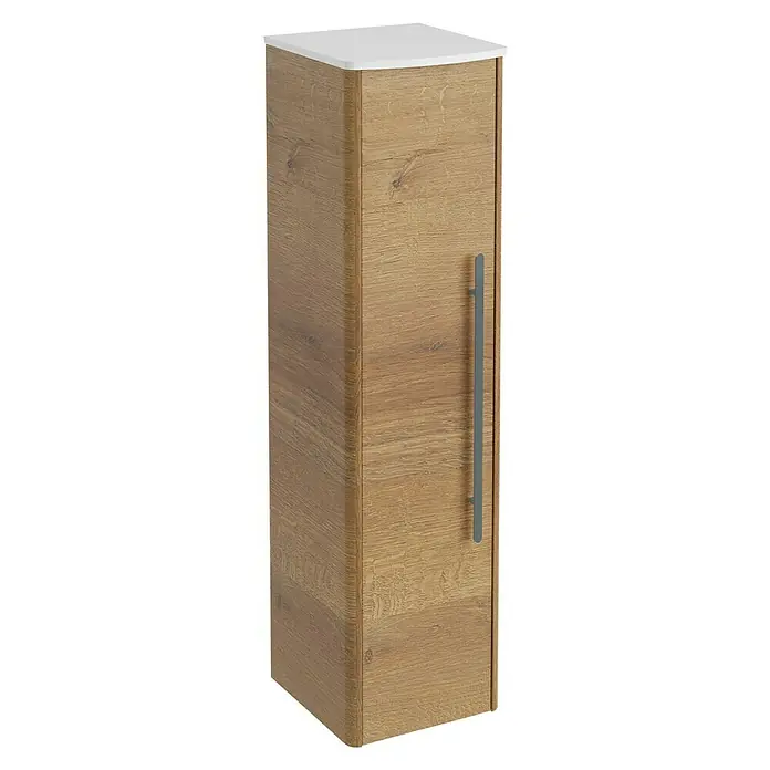 Lanzet Classico Midischrank - B x T x H: 31,2 x 32,5 x 121,4 cm, Berg Eiche/Weiß, Farbe Griff: Anthrazit, DIN Anschlag: Links - Ein schlanker Hochschrank in Holzoptik mit einem schlichten, grauen Griff und einer weißen Oberseite. Ideal für moderne Badezimmer.
