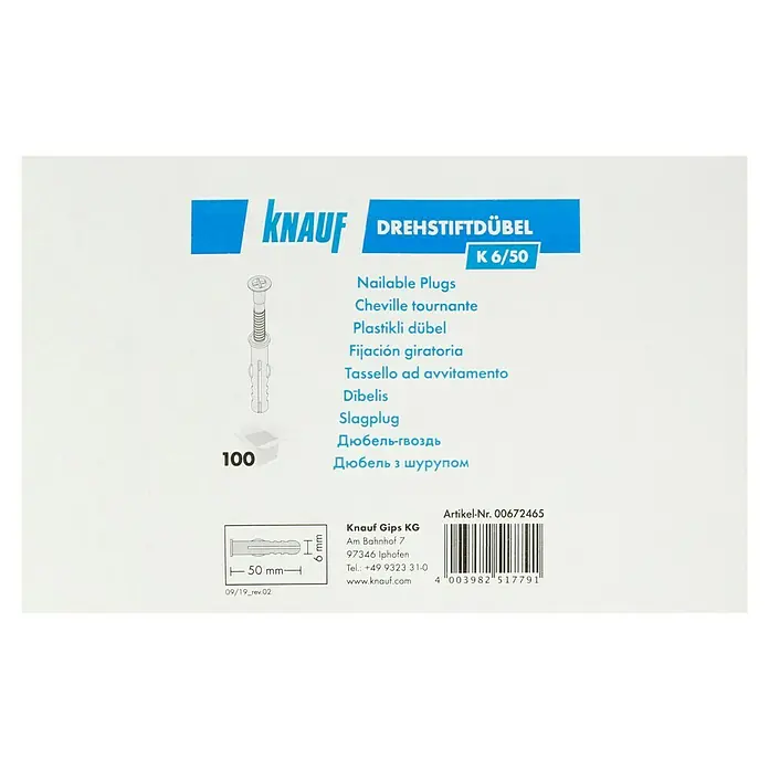 Knauf Drehstiftdübel K6/50 - Länge: 50 mm, 100 Stk. - Bild einer Packung Knauf Drehstiftdübel K 6/50 mit 100 Stück, Nagelplugs für Befestigungen.
