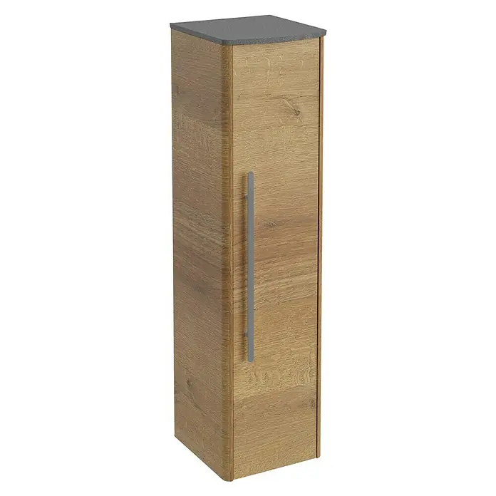 Lanzet Classico Midischrank - B x T x H: 31,2 x 32,5 x 121,4 cm, Berg Eiche/Grau, Farbe Griff: Anthrazit, DIN Anschlag: Rechts - Ein hochformatiger Badezimmerschrank in Holzoptik mit einem grauen Griff, der ein modernes und praktisches Design bietet.