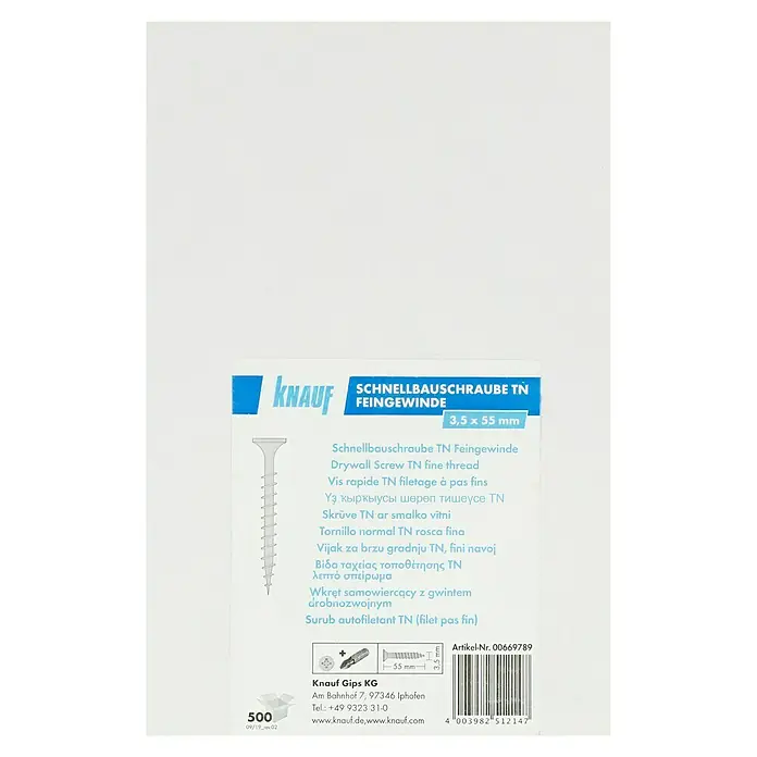 Knauf Schnellbauschraube TN 55 - Durchmesser: 3,5 mm, Länge: 55 mm, 500 Stk. - Produktverpackung: Knauf Schnellbauschraube TN Feingewinde, 3,5 x 55 mm, ideal für Trockenbauarbeiten.