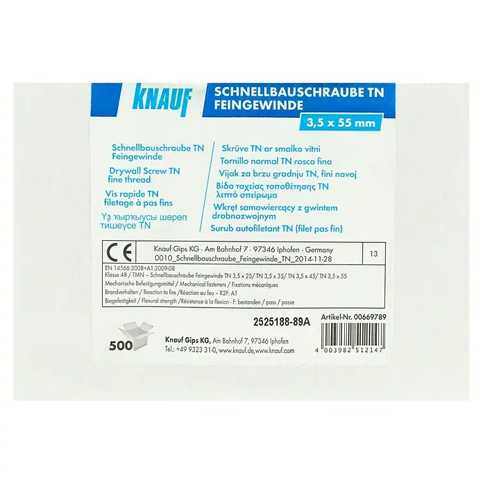 Knauf Schnellbauschraube TN 55 - Durchmesser: 3,5 mm, Länge: 55 mm, 500 Stk. - Nahaufnahme der Verpackung von Knauf Schnellbauschrauben TN Feingewinde, 3,5 x 55 mm, für Trockenbauarbeiten.