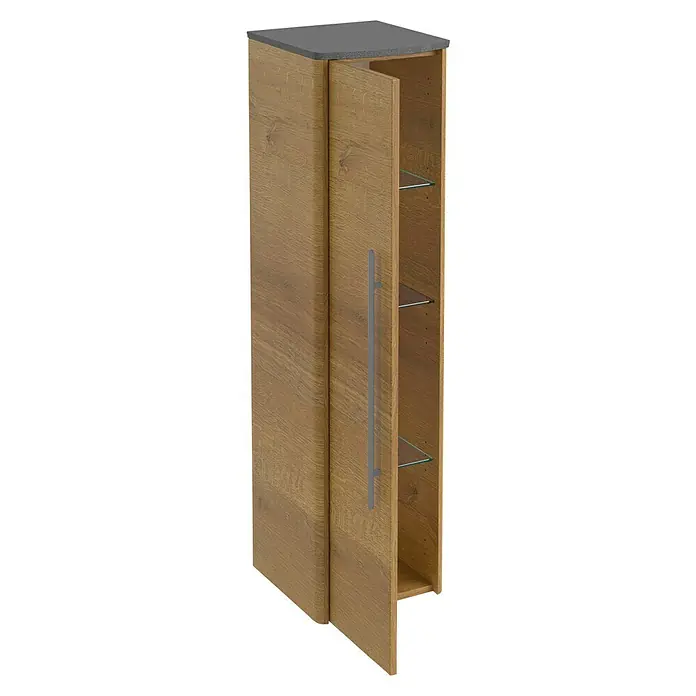 Lanzet Classico Midischrank - B x T x H: 31,2 x 32,5 x 121,4 cm, Berg Eiche/Grau, Farbe Griff: Anthrazit, DIN Anschlag: Links - Elegantes Highboard in Holzoptik mit grauer Oberseite und Glasböden, Tür mit modernem Griff für stilvolle Aufbewahrungslösungen.