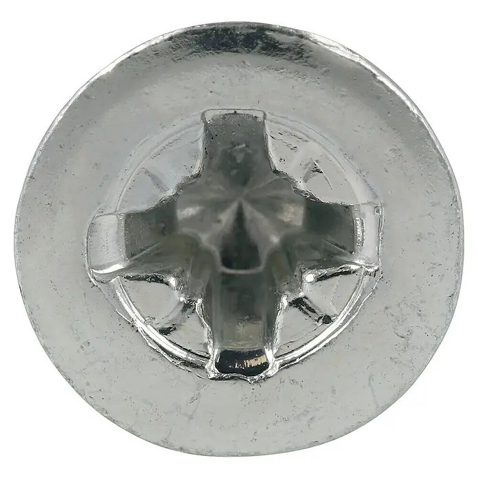 Knauf Drehstiftdübel K6/50 - Länge: 50 mm, 100 Stk. - Nahaufnahme eines Kreuzschlitzschraubenkopfes aus Metall, der ein glänzendes, silbernes Aussehen und eine präzise gefertigte Form aufweist.
