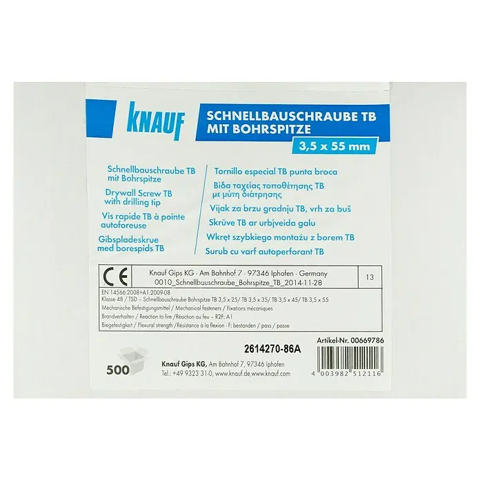 Knauf Schnellbauschraube TB35 - Durchmesser: 3,5 mm, Länge: 55 mm, 500 Stk. - Knauf Schnellbauschraube TB mit Bohrspitze, 3,5 x 55 mm. Die ideale Schraube für schnelle und sichere Befestigungen im Trockenbau.