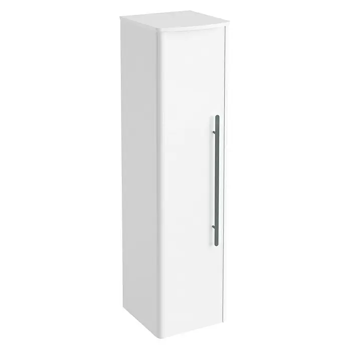 Lanzet Classico Midischrank - B x T x H: 31,2 x 32,5 x 121,4 cm, Weiß, Farbe Griff: Anthrazit, DIN Anschlag: Links - Ein weißer Badezimmerschrank mit einer langen, grauen Stange als Griff, ideal zur Aufbewahrung von Badutensilien und zur Organisation Ihres Badezimmers.