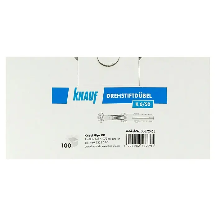 Knauf Drehstiftdübel K6/50 - Länge: 50 mm, 100 Stk. - Nahaufnahme der Verpackung von Knauf-Drehstiftdübeln K 6/50, ideal für Befestigungen. Inklusive Artikelnummer und Barcode.