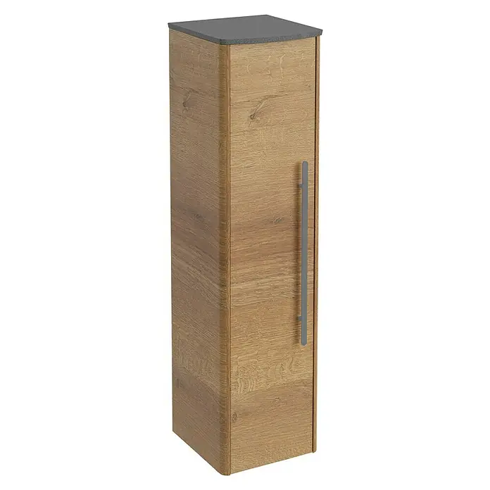 Lanzet Classico Midischrank - B x T x H: 31,2 x 32,5 x 121,4 cm, Berg Eiche/Grau, Farbe Griff: Anthrazit, DIN Anschlag: Links - Formschöner Hochschrank mit Tür in Holzoptik und grauem Griff. Perfekt für Bad oder Gäste-WC zur Aufbewahrung von Badutensilien.