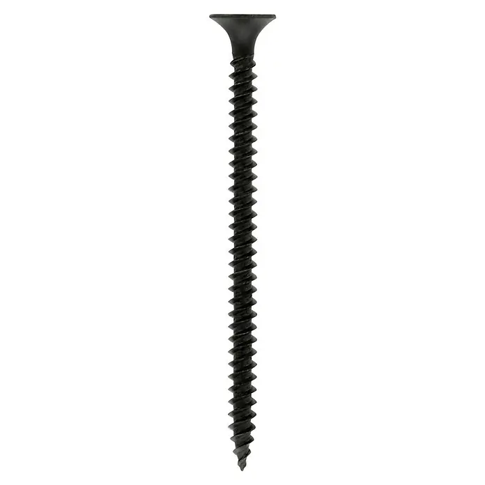 Knauf Schnellbauschraube TN 55 - Durchmesser: 3,5 mm, Länge: 55 mm, 500 Stk. - Detailaufnahme einer schwarzen Trockenbauschraube mit scharfem Gewinde und Flachkopf vor schwarzem Hintergrund.