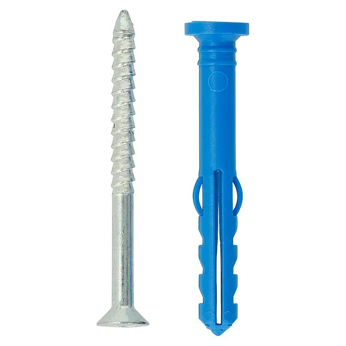 Knauf Drehstiftdübel K6/50 - Länge: 50 mm, 100 Stk. - Das Bild zeigt eine Schraube und einen blauen Dübel. Ideal für sichere Befestigungen in verschiedenen Materialien.