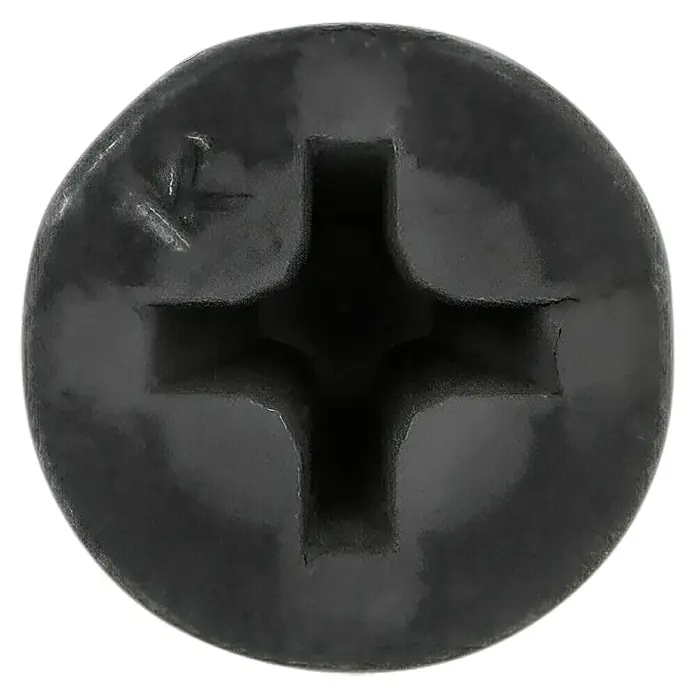 Knauf Schnellbauschraube TN 55 - Durchmesser: 3,5 mm, Länge: 55 mm, 500 Stk. - Nahaufnahme eines schwarzen Kreuzschlitzschraubenkopfes, der Details und Form des Schraubenantriebs zeigt.