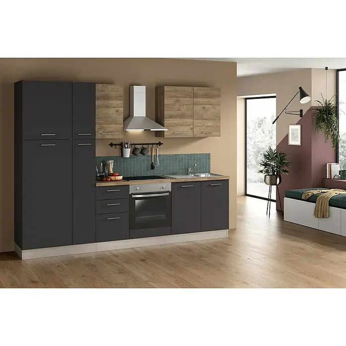 Marinelli Cucine Vormontierte Küchenzeile Vega - Breite: 285 cm, Anthrazit/Nuss, Mit Elektrogeräten - Foto einer modernen Küche mit grauen Schränken, Holzakzenten und einer Dunstabzugshaube, die ein elegantes und funktionales Design zeigt.