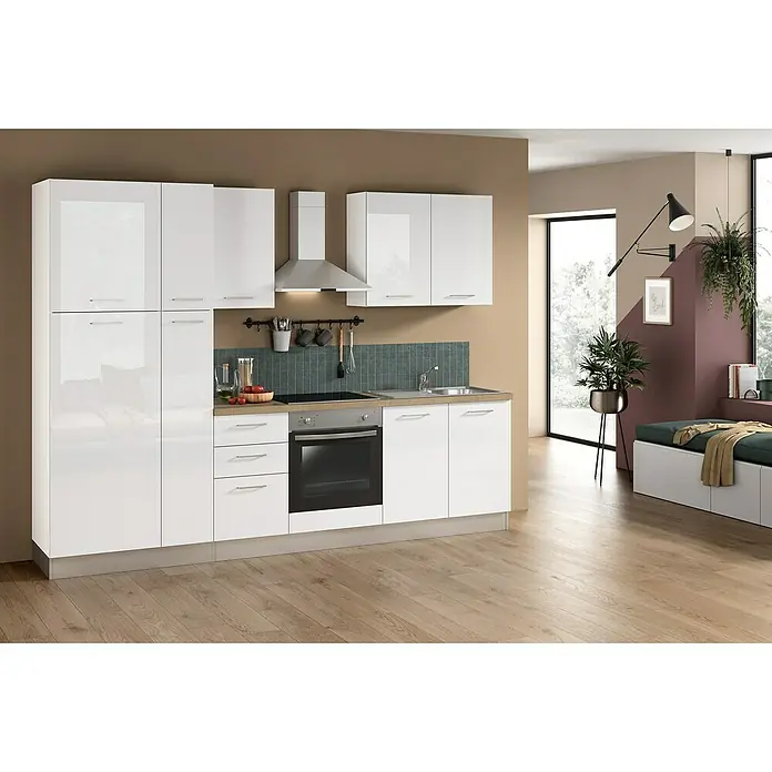 Marinelli Cucine Vormontierte Küchenzeile Astrea - Breite: 285 cm, Weiß, Mit Elektrogeräten - Kompakte Küche mit hochglänzenden weißen Schränken, Dunstabzugshaube und integriertem Backofen in modernem Küchendesign.