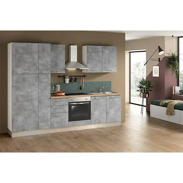 Marinelli Cucine Vormontierte Küchenzeile Cassiopea - Breite: 285 cm, Hellgrau, Mit Elektrogeräten - Das moderne Küchenset mit grauen Schränken bietet viel Stauraum und eine stilvolle Dunstabzugshaube für ein angenehmes Kocherlebnis.