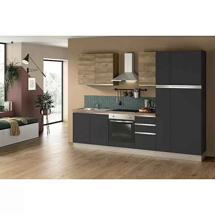 Marinelli Cucine Vormontierte Küchenzeile Ametista - Breite: 285 cm, Anthrazit/Nuss, Mit Elektrogeräten, Spüle links - Stimmungsaufnahme