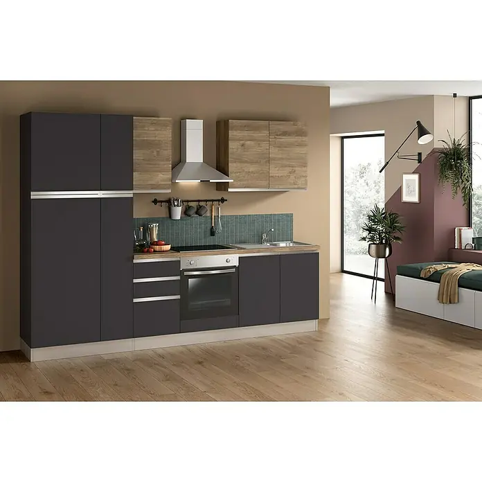 Marinelli Cucine Vormontierte Küchenzeile Ametista - Breite: 285 cm, Anthrazit/Nuss, Mit Elektrogeräten, Spüle rechts - Elegante Küchenzeile mit grauen Unterschränken, Holz-Hängeschränken und einer modernen Dunstabzugshaube. Das Küchendesign verbindet Funktionalität mit Stil.