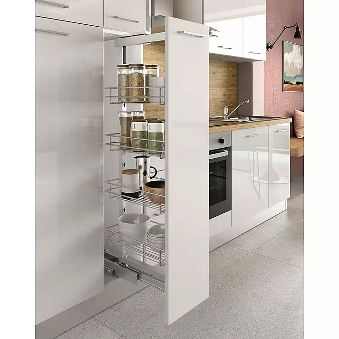 Marinelli Cucine Vormontierte Küchenzeile Astrea - Breite: 285 cm, Weiß, Mit Elektrogeräten - Ausziehbares Vorratssystem mit verchromten Drahtkörben, integriert in einen weißen Hochglanz-Küchenschrank, zur Aufbewahrung von Küchenartikeln.