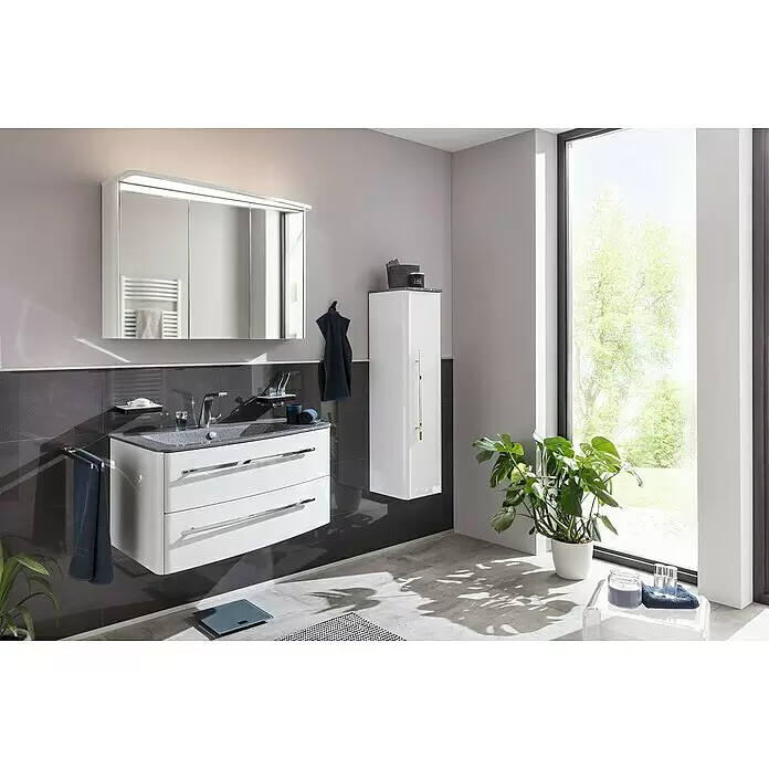 Lanzet Classico Einbauwaschbecken - 100,6 x 53,3 cm, Grau, Ablage rechts - Modernes Bad mit weißem, wandmontiertem Waschtischunterschrank, beleuchtetem Spiegelschrank und Hochschrank vor grauen Wänden.