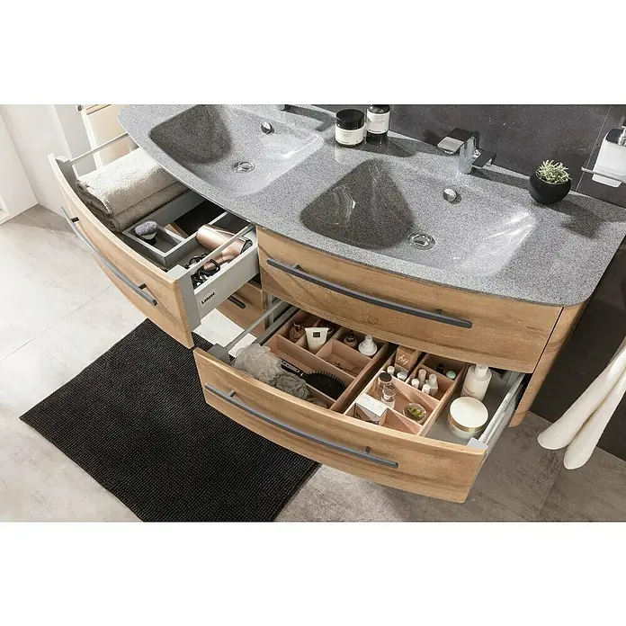 Lanzet Classico Badmöbel-Set CL14MBA - 137,2 cm, Berg Eiche, Farbe Griff: Anthrazit - Badezimmerschrank mit zwei Waschbecken und offenen Schubladen mit Fächern zur Aufbewahrung von Kosmetikprodukten und Handtüchern.