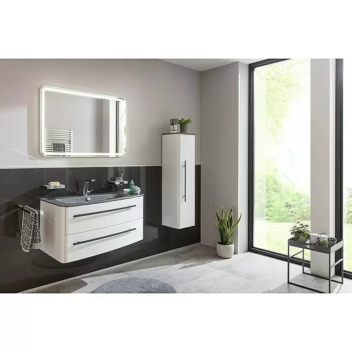 Lanzet Classico Einbauwaschbecken - 100,6 x 53,3 cm, Grau, Ablage rechts - Moderner weißer Badunterschrank mit dunkelgrauer Platte, beleuchtetem Spiegel und Hochschrank im hellen Badezimmer.