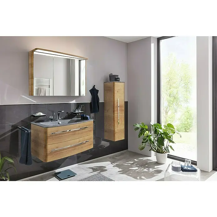 Lanzet Classico Einbauwaschbecken - 100,6 x 53,3 cm, Grau, Ablage rechts - Helles Badezimmer mit Holzwaschtischunterschrank und Spiegelschrank. Eine stilvolle und funktionale Badgestaltung mit viel Stauraum.