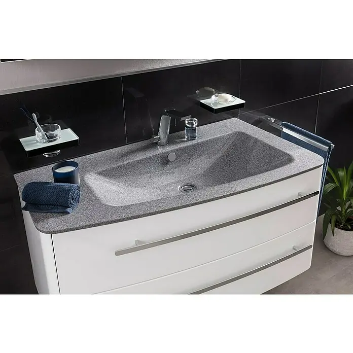 Lanzet Classico Badmöbel-Set CL10LMWC - 99,2 cm, Weiß, Farbe Griff: Chrom, Links - Modernes Badezimmerwaschbecken mit stilvollem Design. Der graue Waschtisch kontrastiert mit den weißen Schubladen und bietet eine elegante Ästhetik.