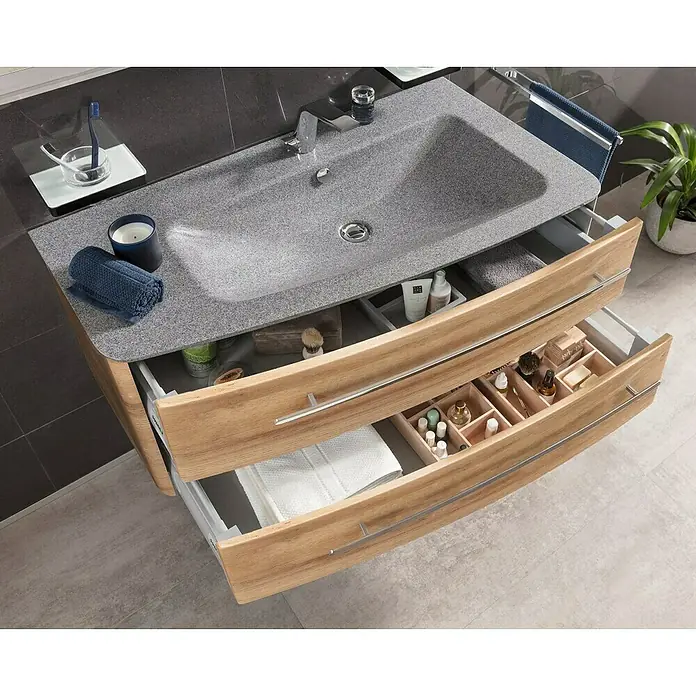 Lanzet Classico Badmöbel-Set CL10LMBC - 99,2 cm, Berg Eiche, Farbe Griff: Chrom, Links - Moderner Waschtischunterschrank mit offenem Schubladen zur Aufbewahrung von Badutensilien, stilvolles Design mit Holzstruktur und grauer Waschtischplatte.