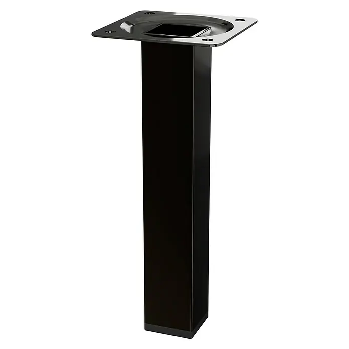 Walteco Möbelfuß - L x B x H: 25 x 2,5 x 15 cm, Traglast: 50 kg, Stahl, Schwarz, Glänzend - Produktabbildung: Ein schwarzes, quadratisches Möbelbein mit einer glänzenden, metallischen Montageplatte. Das Bein steht aufrecht und stabil.