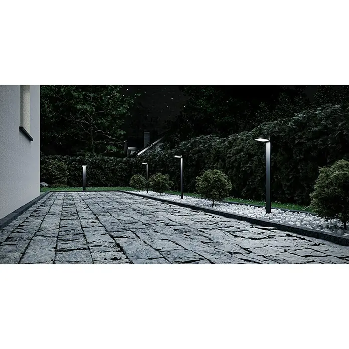 Paulmann Solar-Sockelleuchte Ryse - Anthrazit, Höhe: 79,6 cm, Warmweiß - Moderne Gartenbeleuchtung mit eleganten Pollerleuchten, die einen gepflasterten Weg säumen und für stimmungsvolle Beleuchtung im Außenbereich sorgen.