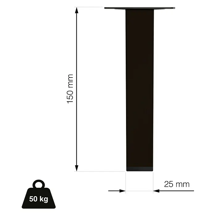 Walteco Möbelfuß - L x B x H: 25 x 2,5 x 15 cm, Traglast: 50 kg, Stahl, Schwarz, Glänzend - Produktbild eines schwarzen Möbelfußes mit den Maßen 150 mm Höhe und 25 mm Breite. Traglast 50 kg.