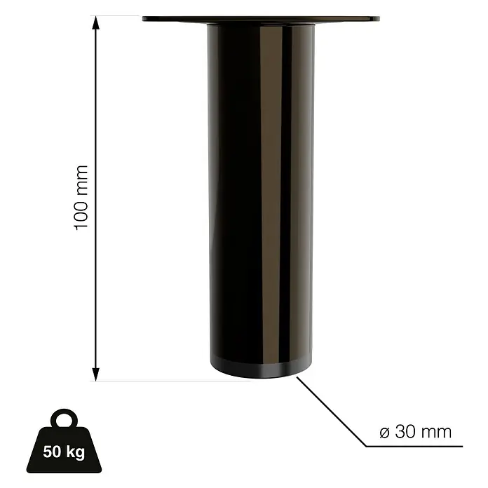 Walteco Möbelfuß - L x B x H: 3 x 3 x 10 cm, Ø x H: 3 x 10 cm, Traglast: 50 kg, Stahl, Schwarz - Produktdarstellung: Schwarzes Tischbein mit den Maßen 100 mm Höhe und 30 mm Durchmesser, belastbar bis 50 kg.