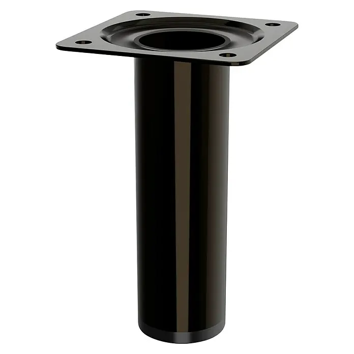 Walteco Möbelfuß - L x B x H: 3 x 3 x 10 cm, Ø x H: 3 x 10 cm, Traglast: 50 kg, Stahl, Schwarz - Nahaufnahme eines einzelnen, schwarzen, zylindrischen Tischbeins mit einer quadratischen Montageplatte auf schwarzem Hintergrund.