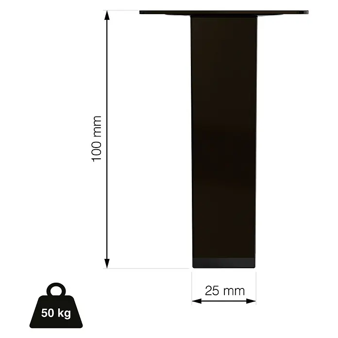 Walteco Möbelfuß - L x B x H: 25 x 2,5 x 10 cm, Traglast: 50 kg, Stahl, Schwarz, Glänzend - Produktansicht eines Möbelbeins in dunkler Farbe mit den Maßen 100 mm Höhe und 25 mm Breite und einer Belastbarkeit von 50 kg.