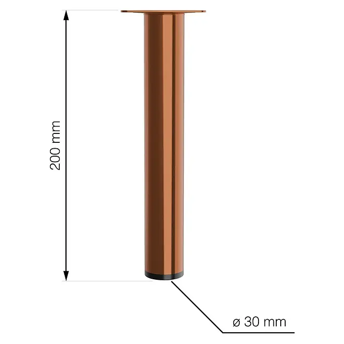 Walteco Möbelfuß - L x B x H: 3 x 3 x 20 cm, Ø x H: 3 x 20 cm, Traglast: 50 kg, Stahl, Kupfer - Abbildung eines Möbelfußes aus Metall in Kupferoptik mit den Maßen 200 mm Höhe und 30 mm Durchmesser.