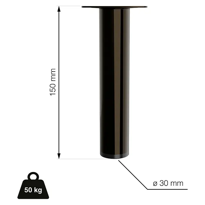 Walteco Möbelfuß - L x B x H: 3 x 3 x 15 cm, Ø x H: 3 x 15 cm, Traglast: 50 kg, Stahl, Schwarz - Abbildung eines 150 mm langen, zylindrischen Möbelbeins mit einem Durchmesser von 30 mm und einer Tragfähigkeit von 50 kg.