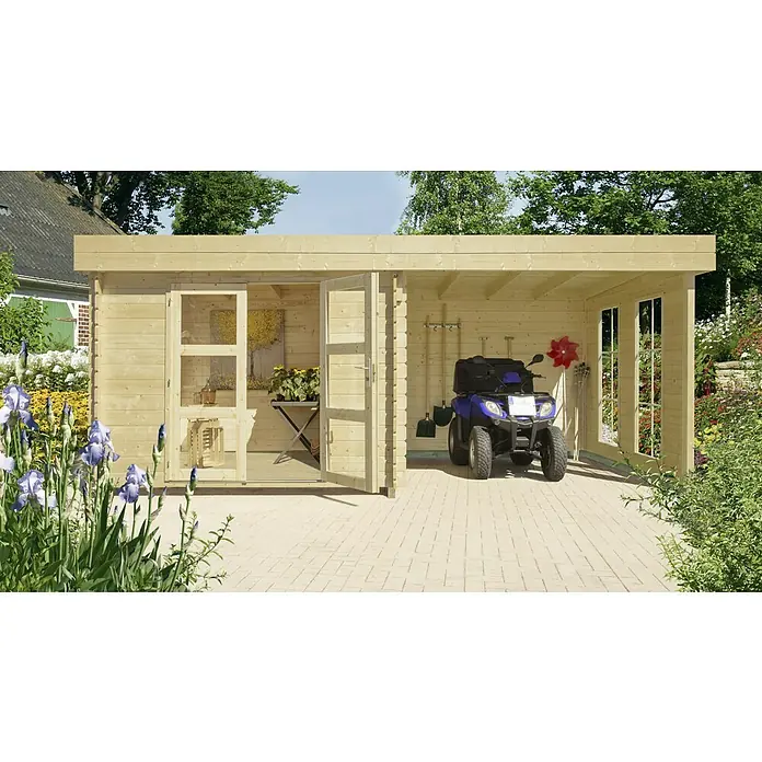 Kiehnholz Gartenhaus Esbjerg 484 - Außenmaß inkl. Dachüberstand (B x T): 585 x 312 cm, Holz, Natur - Das geräumige Gartenhaus mit Carport bietet Platz für Gartengeräte und ein Quad. Die offene Bauweise sorgt für gute Belüftung.