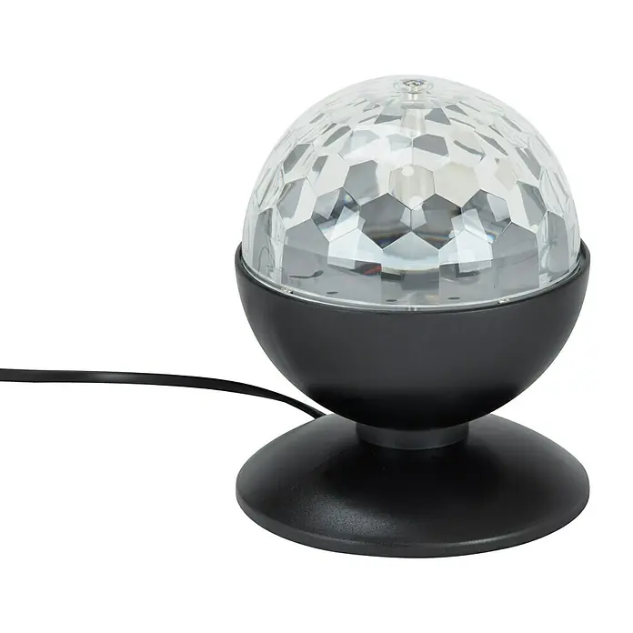 Briloner LED-Tischleuchte - 3 W, Höhe: 16 cm, RGB - Eine Nahaufnahme einer Discokugel-Lampe mit einem schwarzen Sockel und einer facettenreichen, transparenten Kugel.