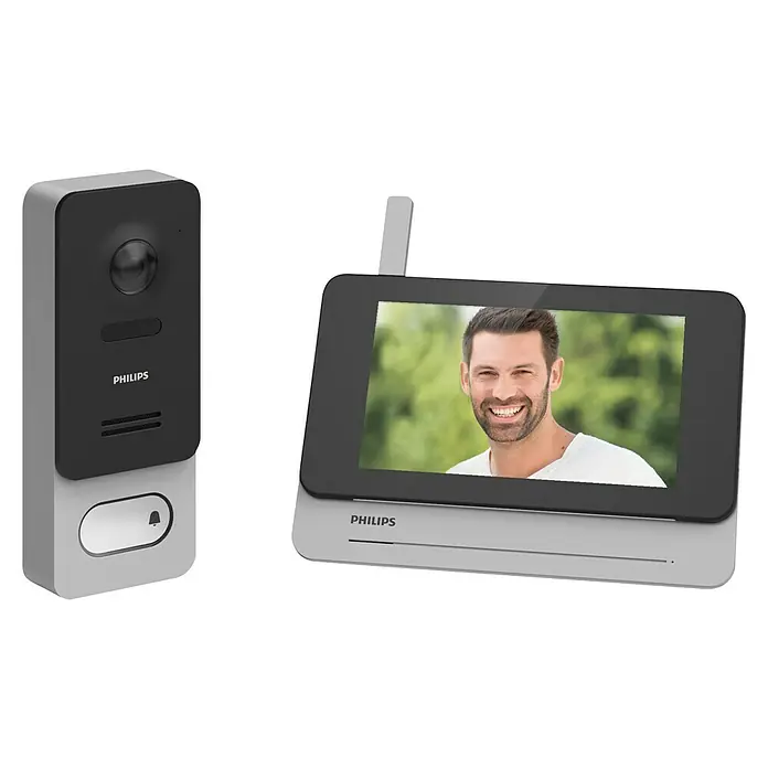 Philips WelcomeEye Farb-Video-Türsprechanlage Wireless - Bildschirmgröße: 7″, 1.920 x 1.080 Pixel (Full HD), Smarte Steuerung: Philips WelcomeEye App - Produktbild eines Philips Türsprechanlagen-Sets mit einer Türklingel links und einem Monitor rechts, das ein klares Bild liefert.
