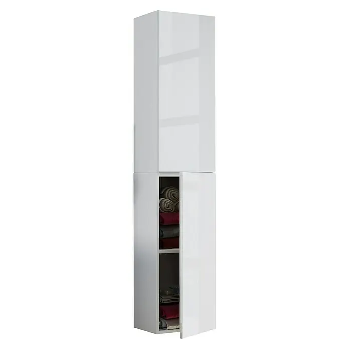 VCM Lendas Hochschrank - 33 x 22 x 150 cm, Weiß - Abbildung eines glänzend weißen Badschranks mit zwei Abschnitten, wobei die untere Tür teilweise geöffnet ist, um den Inhalt zu zeigen.