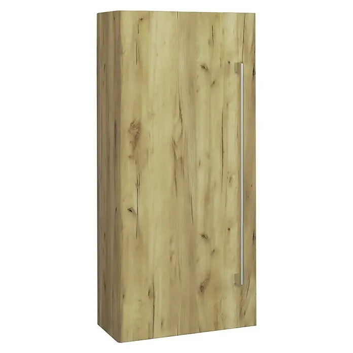 VCM Badinos Hängeschrank - 33 x 22 x 75 cm, Honig-Eiche - Detailaufnahme eines Hängeschranks mit Holzstruktur und langem, silberfarbenem Griff. Stilvolles Möbelstück für moderne Einrichtungen.