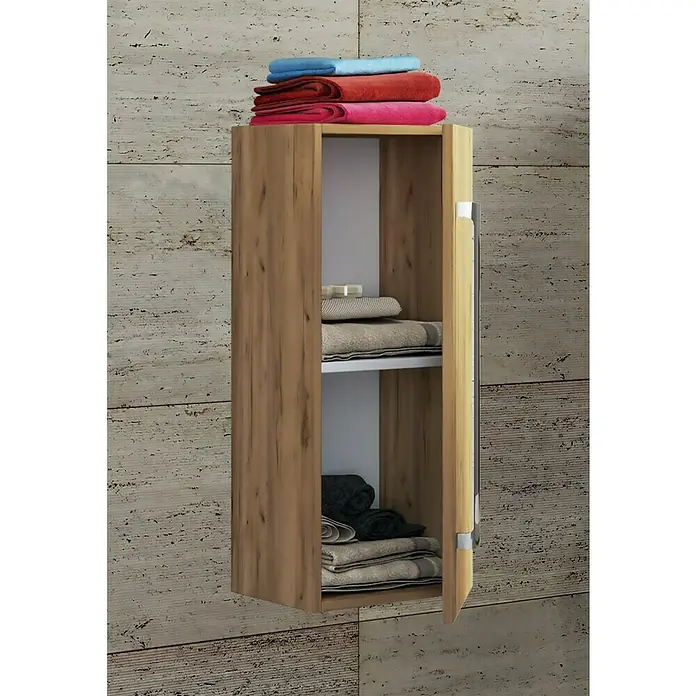 VCM Badinos Hängeschrank - 33 x 22 x 75 cm, Honig-Eiche - Ein Badezimmerschrank in Holzoptik mit Handtüchern oben drauf. Der Schrank bietet Stauraum für Badutensilien und Handtücher im Bad.