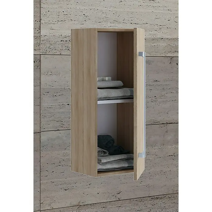 VCM Badinos Hängeschrank33 x 22 x 75 cm, Sonoma-Eiche - Nahaufnahme eines Wandschranks aus Holz mit Handtüchern.