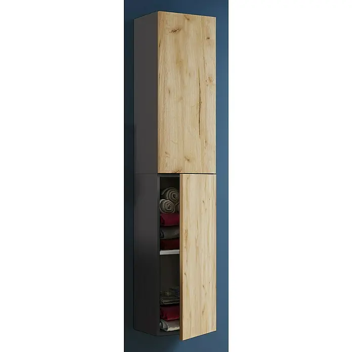 VCM Lendas Hochschrank - 33 x 22 x 150 cm, Anthrazit/Honig-Eiche - Ein hochformatiger Badezimmerschrank mit einer Holzstruktur-Tür, teilweise geöffnet, und grauen Seiten. Handtücher liegen im Schrank.
