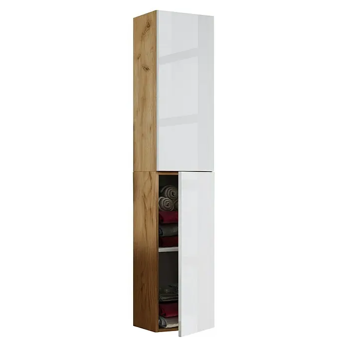VCM Lendas Hochschrank - 33 x 22 x 150 cm, Honig-Eiche/Weiß - Der elegante Hochschrank in Weiß und Holzoptik mit praktischem Stauraum bietet eine stilvolle Lösung für Ihr Badezimmer oder Wohnbereich.